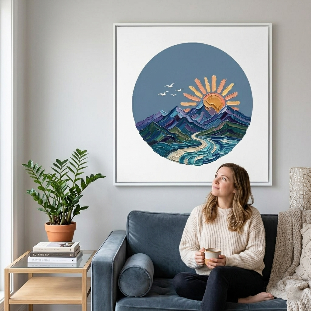 Mountain River Sunrise Impasto Art Poster – Textured Nature Wall Art Decor - detail view